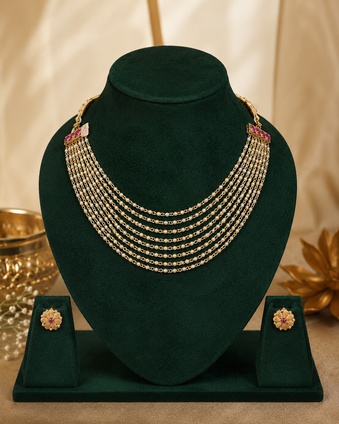 Antique Gold Layer Off whitr Pearl Bead Chain Necklace Set with Sunflower Studs | ONK97