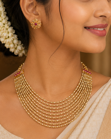 Antique Gold Layer Off whitr Pearl Bead Chain Necklace Set with Sunflower Studs | ONK97