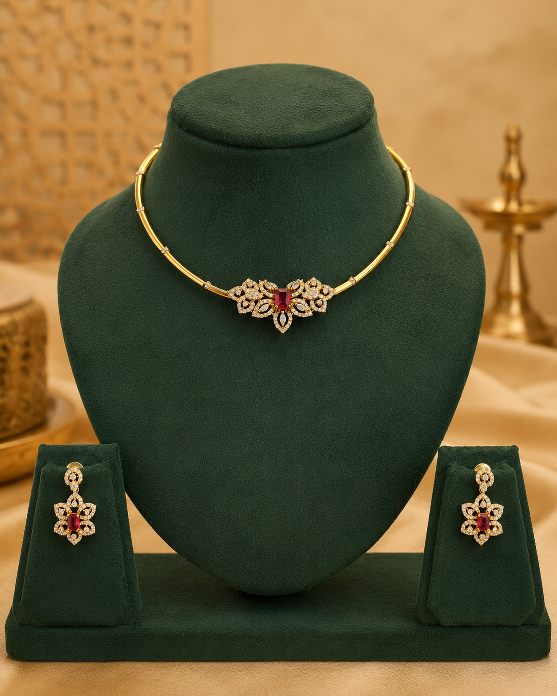Gold Ruby Octagon CZ Pave Marquise Lotus Torque Necklace Set | ONK94