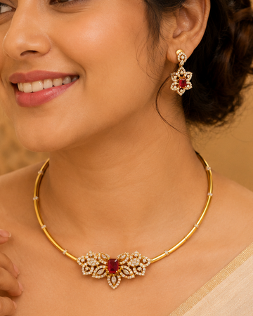 Gold Ruby Octagon CZ Pave Marquise Lotus Torque Necklace Set | ONK94