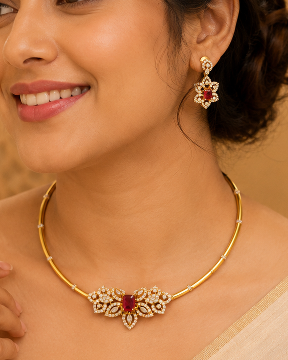 Gold Ruby Octagon CZ Pave Marquise Lotus Torque Necklace Set | ONK94