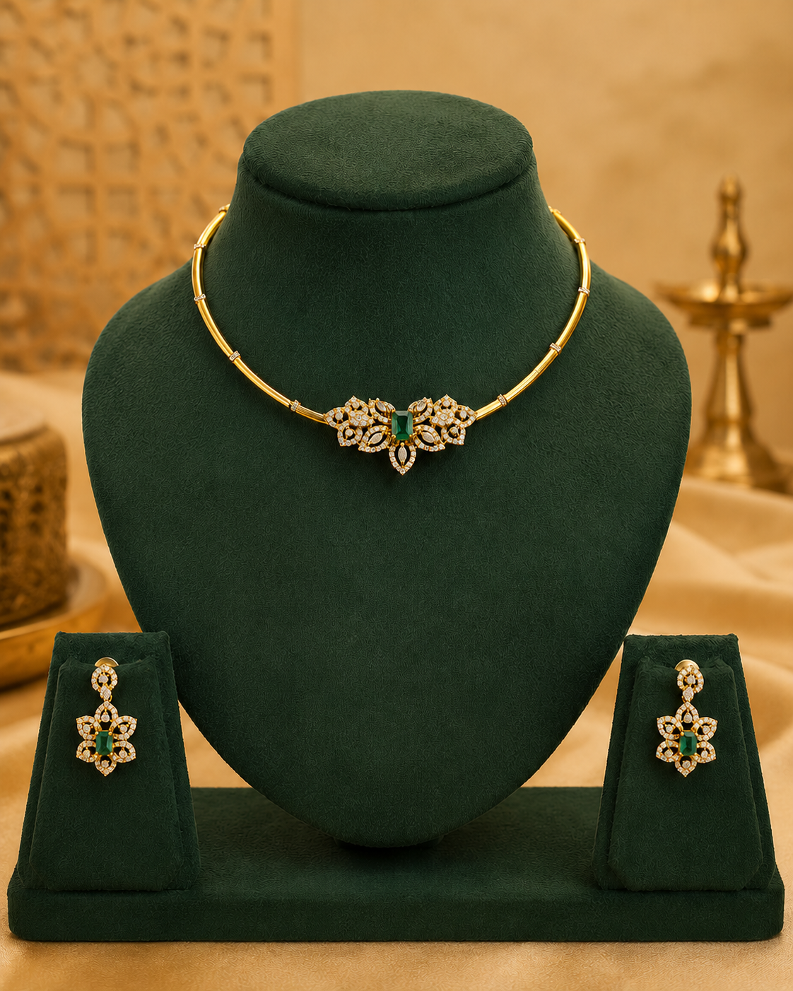 Gold Ruby Octagon CZ Pave Marquise Lotus Torque Necklace Set | ONK94