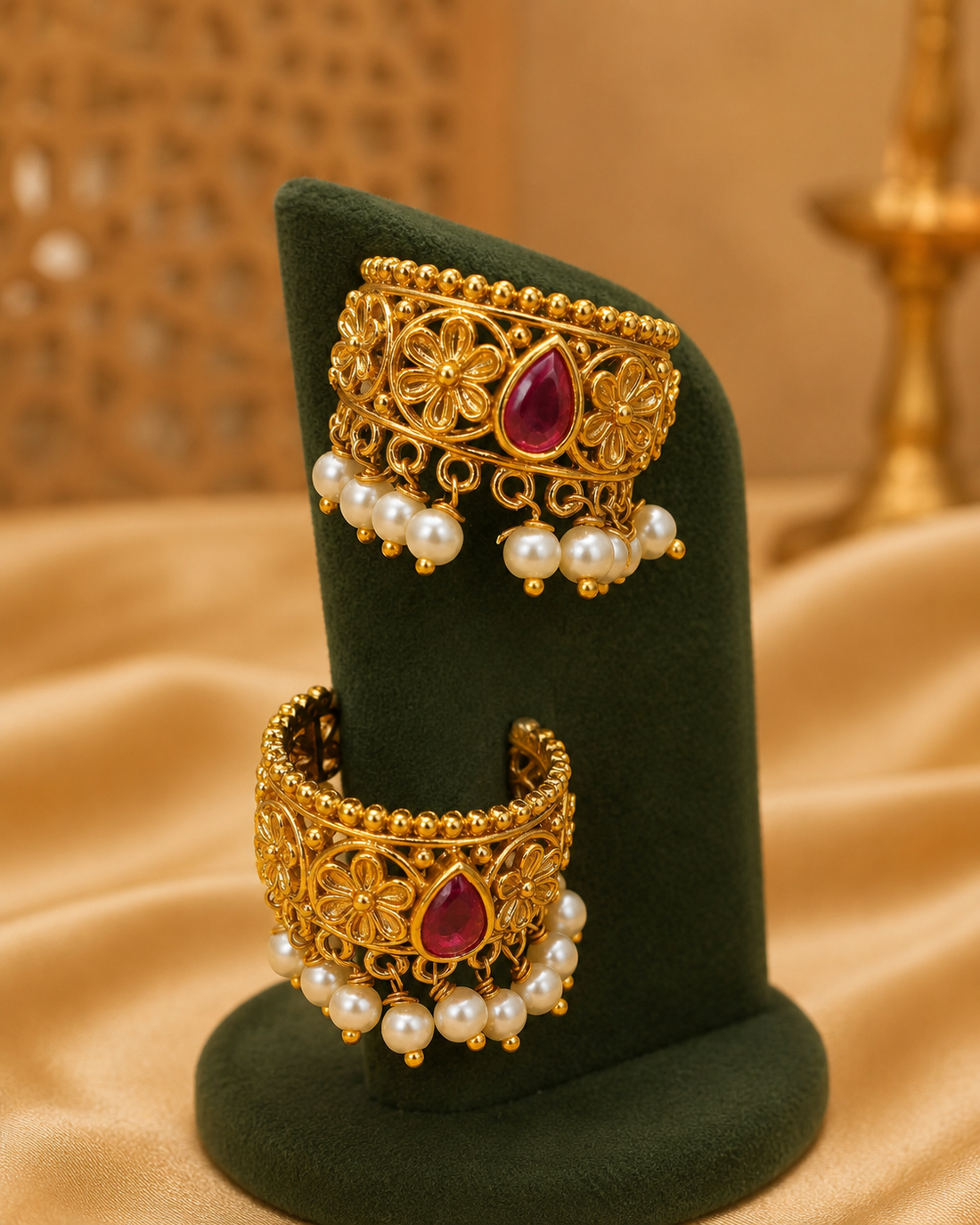 Antique Gold Ruby Teardrop Filigree Daisy Cuff Bajuband Armlet | ONK99