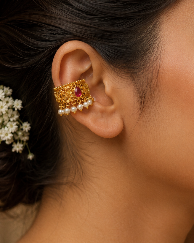 Antique Gold Ruby Teardrop Filigree Daisy Cuff Bajuband Armlet | ONK99