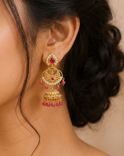 Gold Ruby CZ Pave Teardrop Granule Chandbali Jhumka Earrings-Pattern 1  | OLS2