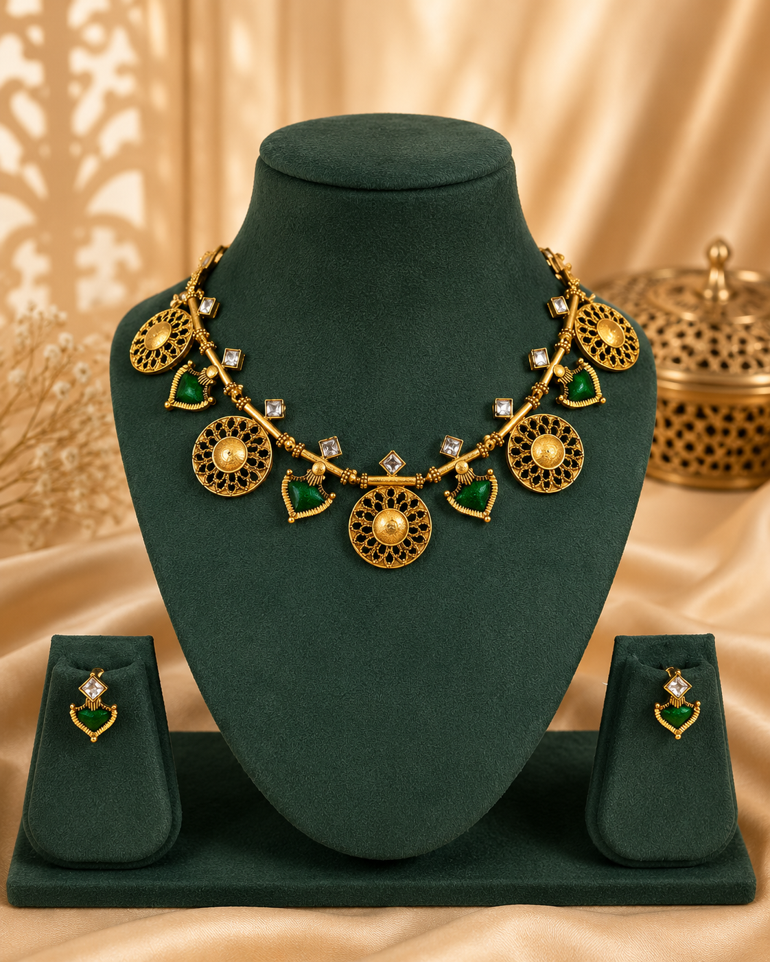 Antique Gold Filigree Disc Emerald Heart Polki Choker Necklace Set | OL104