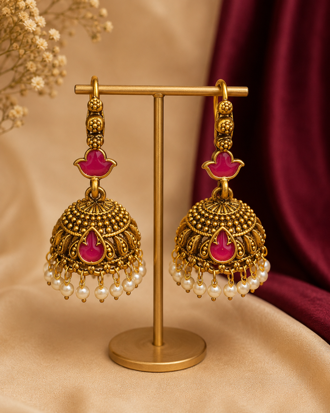 Antique Gold Ruby Lotus Charm Granule Dome Jhumka Earrings | OLS1