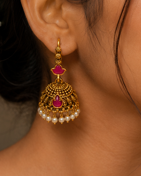 Antique Gold Ruby Lotus Charm Granule Dome Jhumka Earrings | OLS1