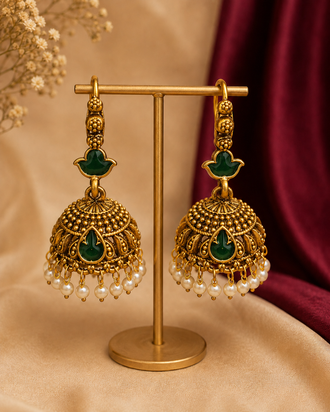 Antique Gold Ruby Lotus Charm Granule Dome Jhumka Earrings | OLS1