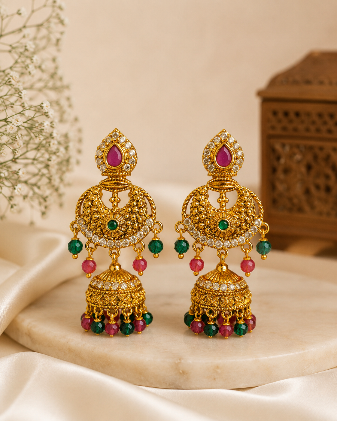 Gold Ruby CZ Pave Teardrop Granule Chandbali Jhumka Earrings-Pattern 1  | OLS2