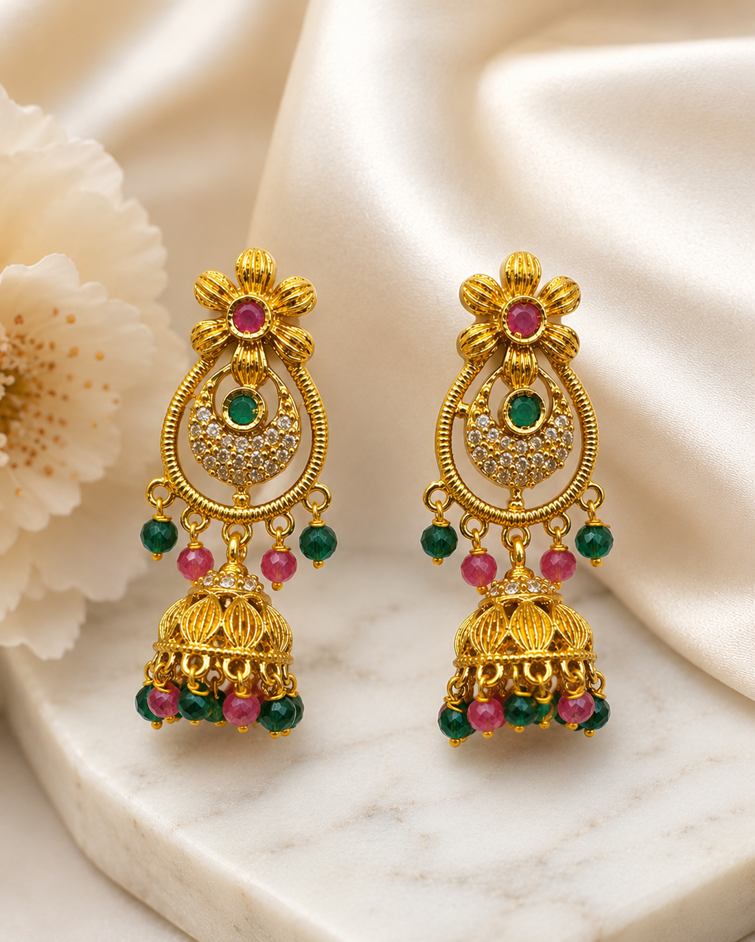 Gold Ruby Emerald Flower Chandbali with Ribbed Jhumka & Crystal Bead Drops | OLS2