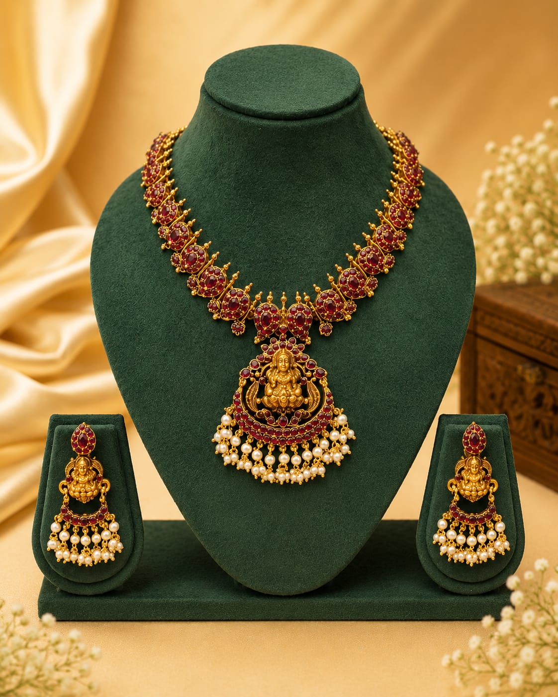 Antique Gold Ruby Cluster Lakshmi Temple Necklace Set with Pearls | OL83