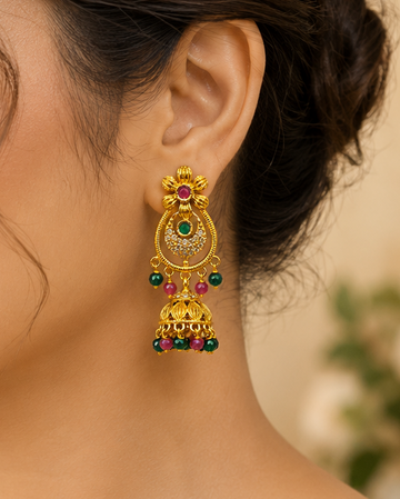 Gold Ruby Emerald Flower Chandbali with Ribbed Jhumka & Crystal Bead Drops | OLS2