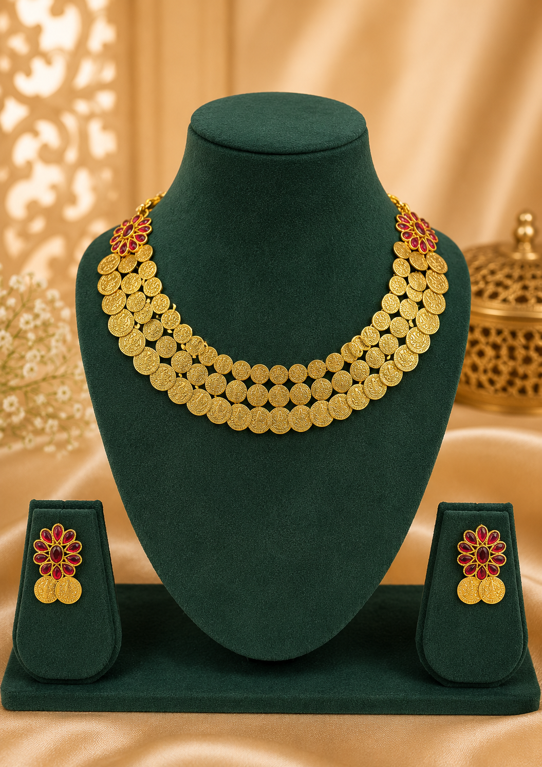 Antique Gold Kasu Lakshmi Coin Double Layer Choker Necklace Set |