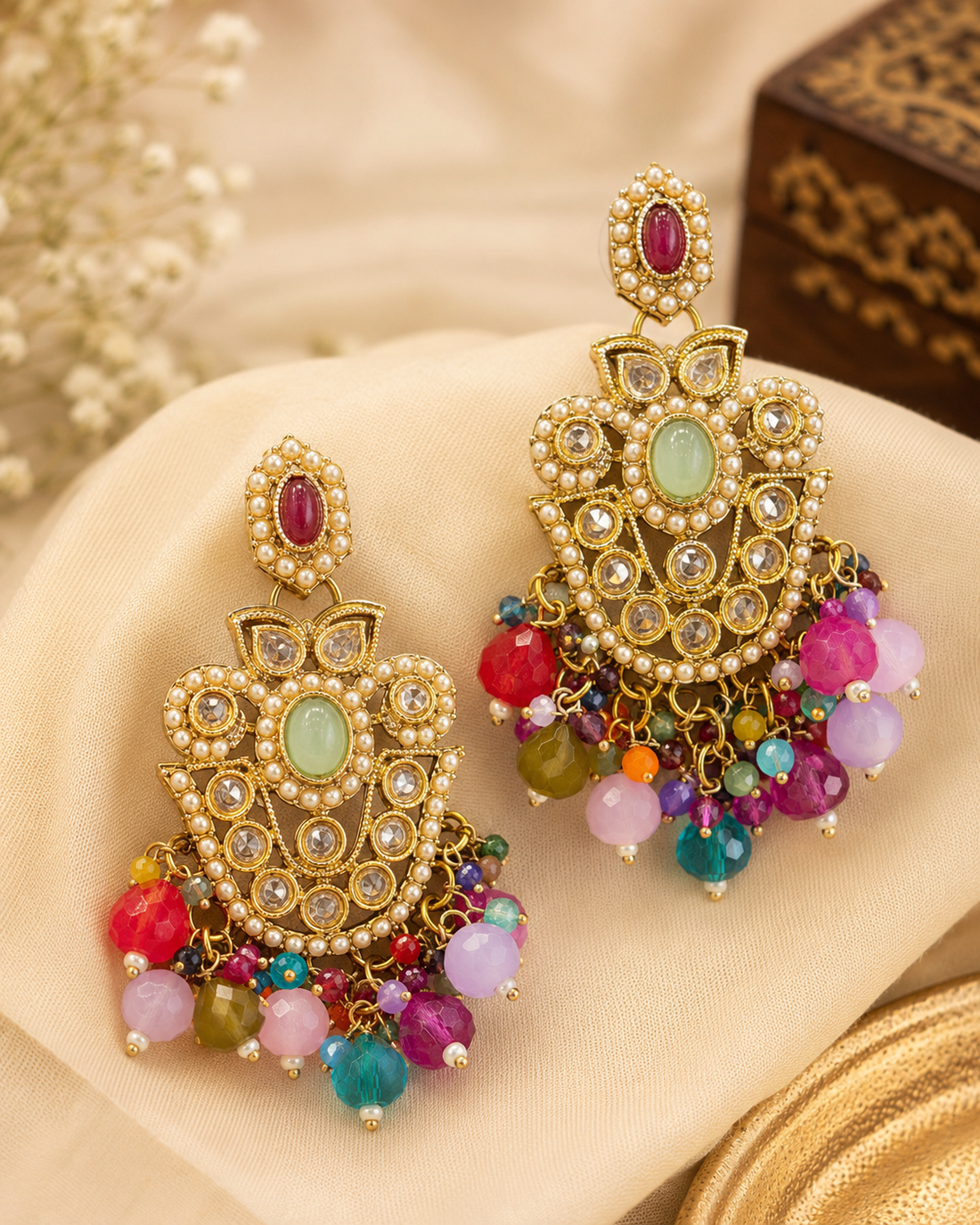 Gold Ruby Seed Pearl Polki Kundan Chandbali Earrings with Multicolour Bead Drops | OLS4