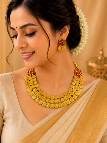 Antique Gold Kasu Lakshmi Coin Double Layer Choker Necklace Set |