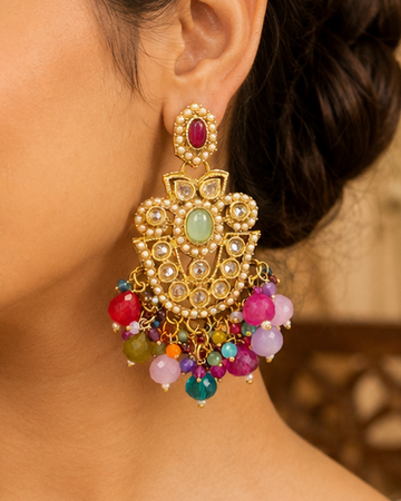 Gold Ruby Seed Pearl Polki Kundan Chandbali Earrings with Multicolour Bead Drops | OLS4