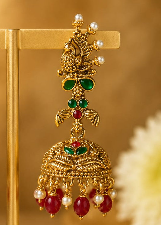 Antique Gold Peacock Temple Jhumka Earrings with Ruby & Emerald | OL209