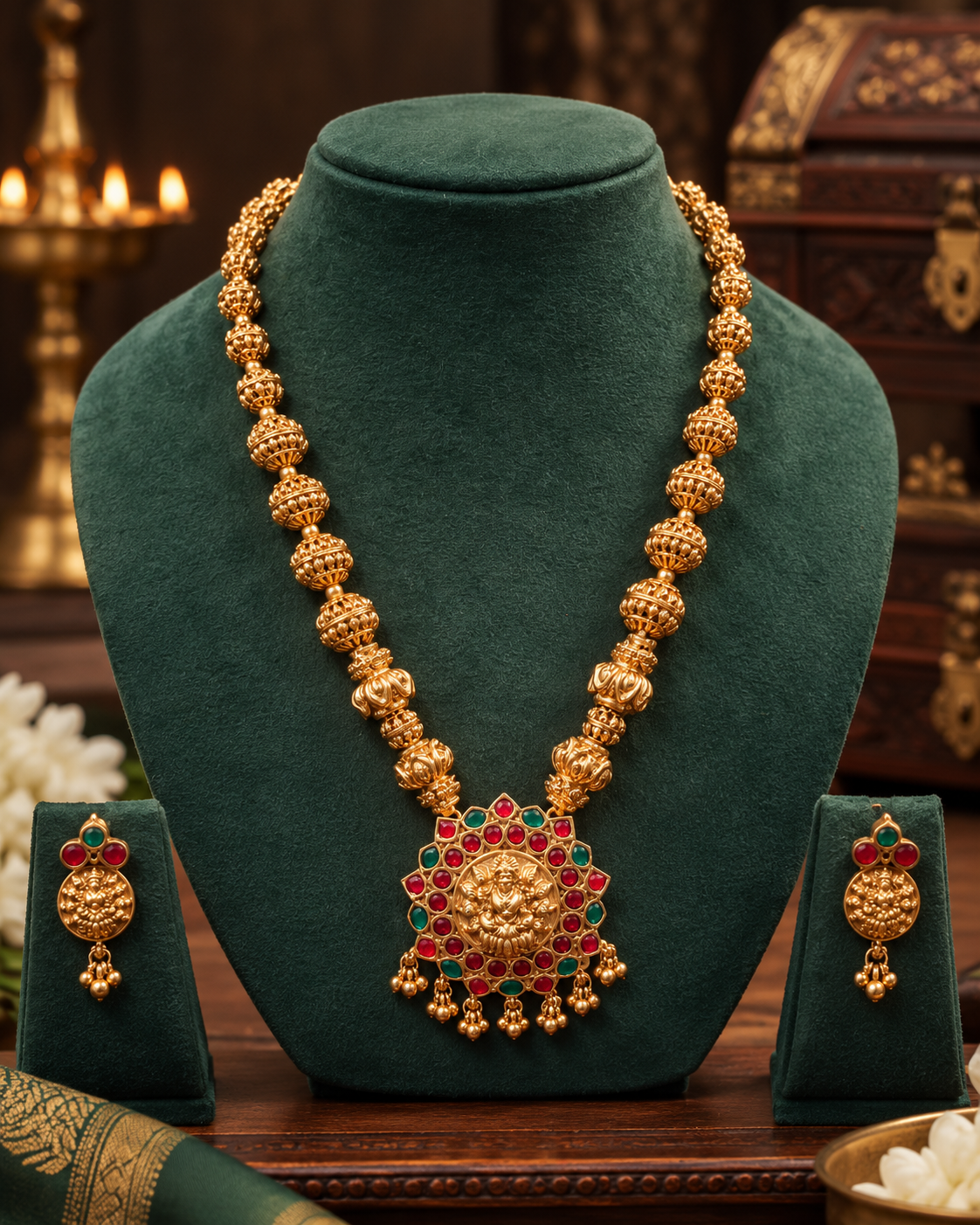 Antique Gold Lakshmi Ruby Emerald Pendant Granulated Ball Bead Long Necklace Set | OL167