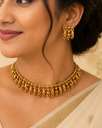 Antique Gold Oval Bead Seed Ball Granulated Fringe Choker Necklace Set | OL149