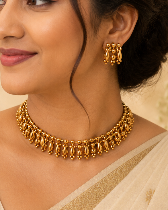 Antique Gold Oval Bead Seed Ball Granulated Fringe Choker Necklace Set | OL149