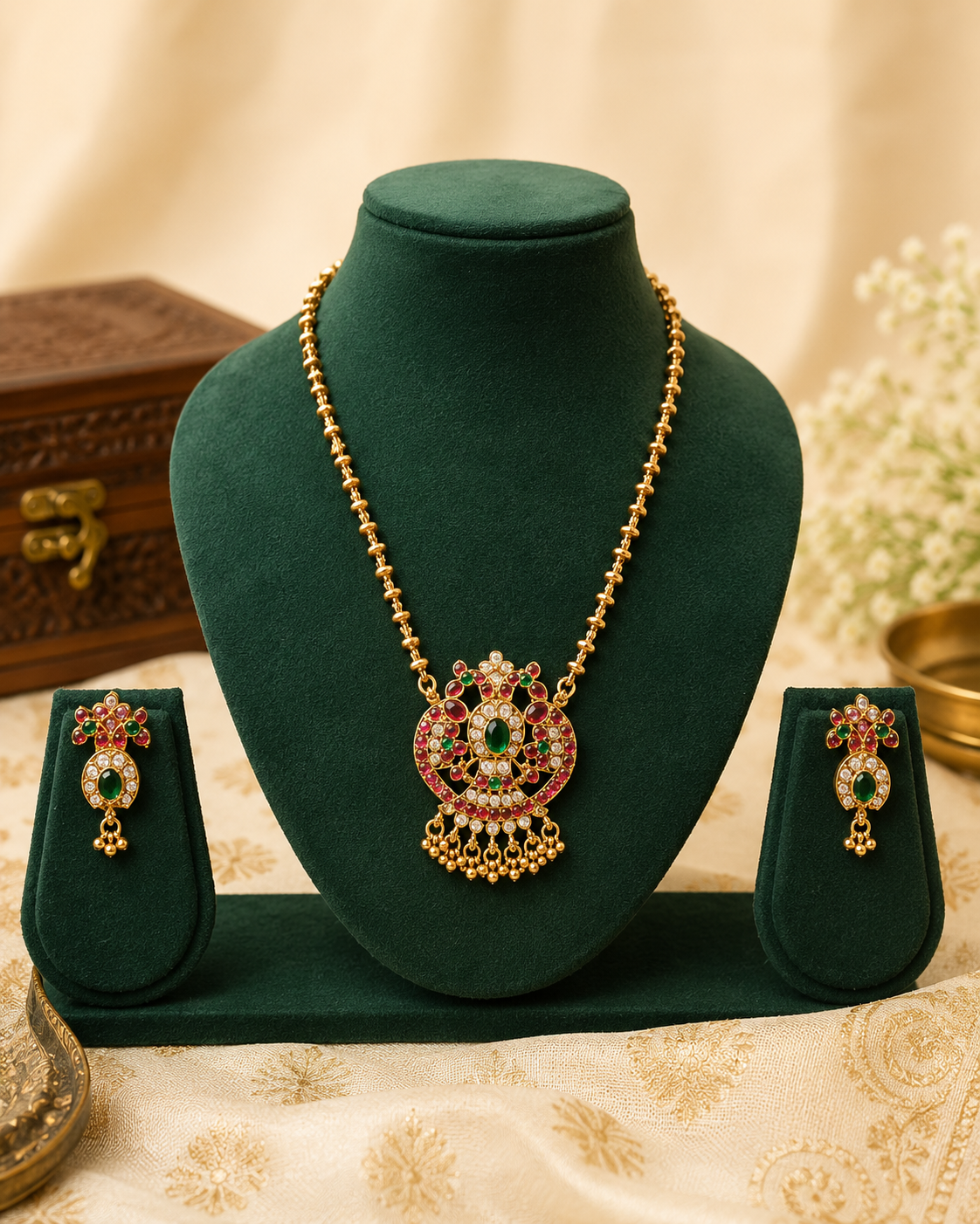 Antique Gold Ruby Emerald Kemp Crescent Moon Pendant Gold Ball Chain Necklace Set | OL150