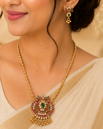 Antique Gold Ruby Emerald Kemp Crescent Moon Pendant Gold Ball Chain Necklace Set | OL150
