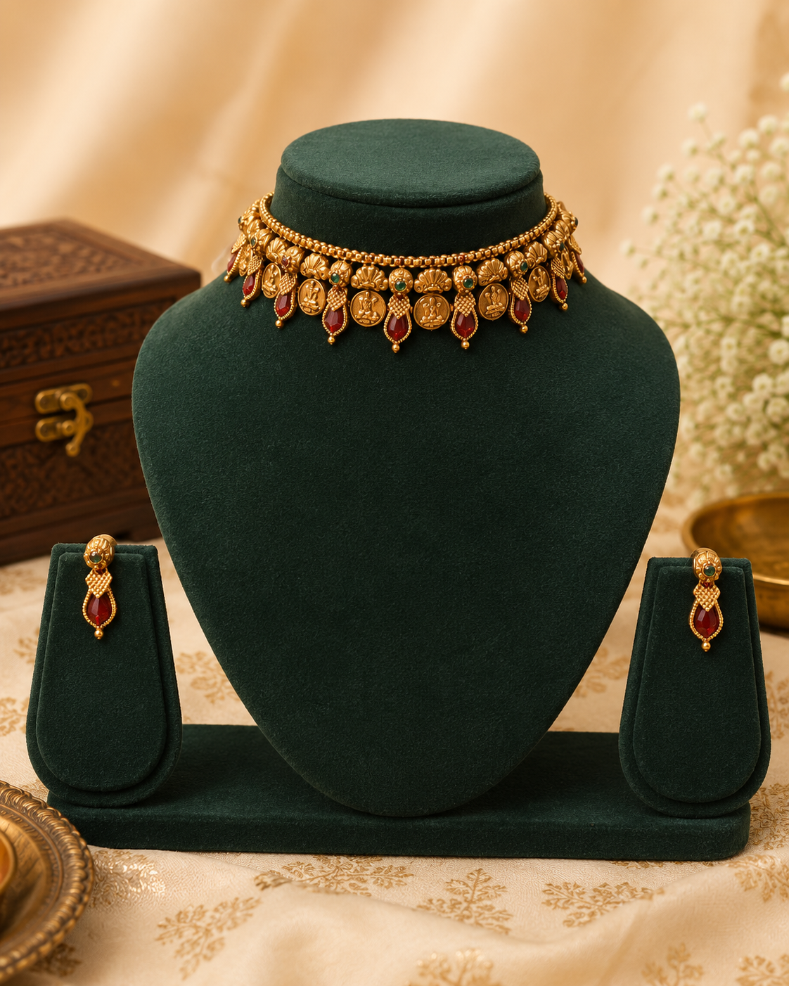 Antique Gold Nakshi Lakshmi Coin Ruby Teardrop Fringe Choker Necklace Set |  OL191