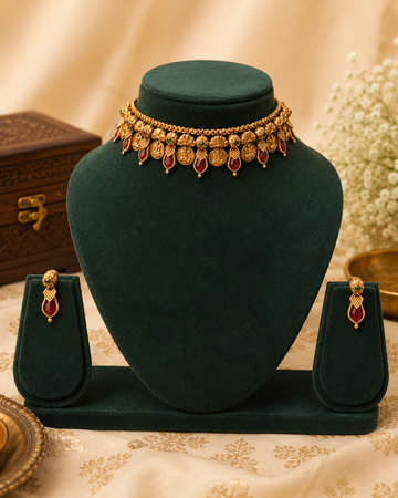 Antique Gold Nakshi Lakshmi Coin Ruby Teardrop Fringe Choker Necklace Set |  OL191