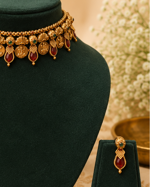Antique Gold Nakshi Lakshmi Coin Ruby Teardrop Fringe Choker Necklace Set |  OL191