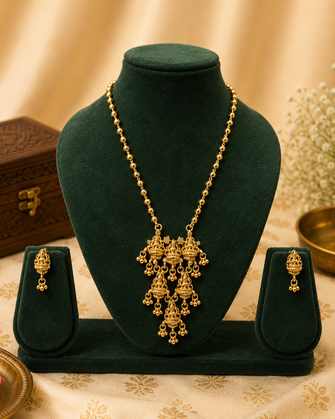Antique Gold Nakshi Lakshmi Cascading Deity Charm Gold Ball Chain Necklace Set | OL214