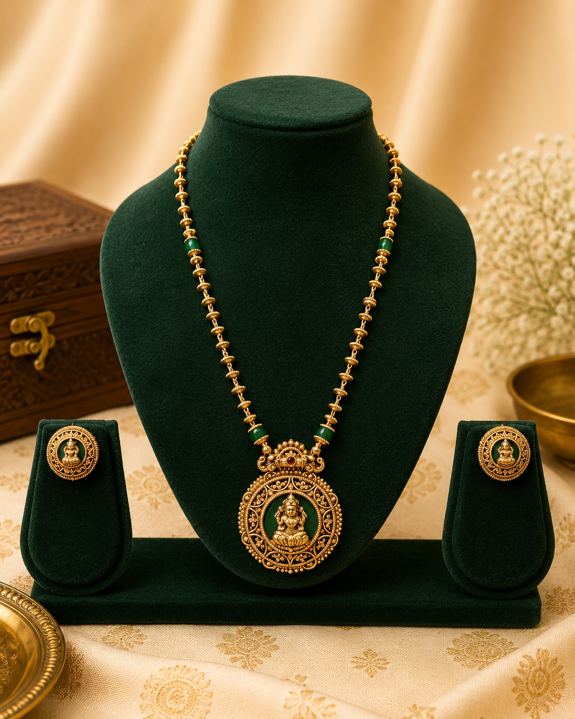 Antique Gold Lakshmi Scroll Oval Pendant Emerald Gold Ball Chain Long Necklace Set | OL199