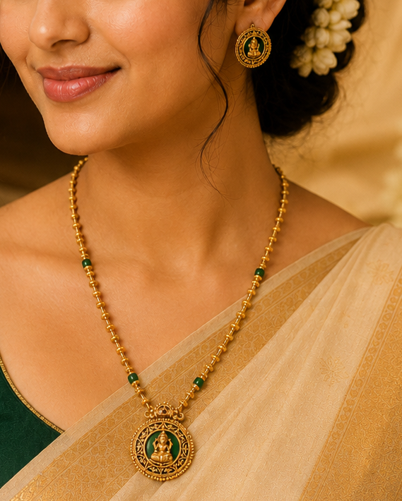 Antique Gold Lakshmi Scroll Oval Pendant Emerald Gold Ball Chain Long Necklace Set | OL199