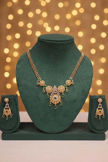 Gold Polki CZ Sunflower Motif Emerald Teardrop Necklace Set with Double Box Chain | OL233