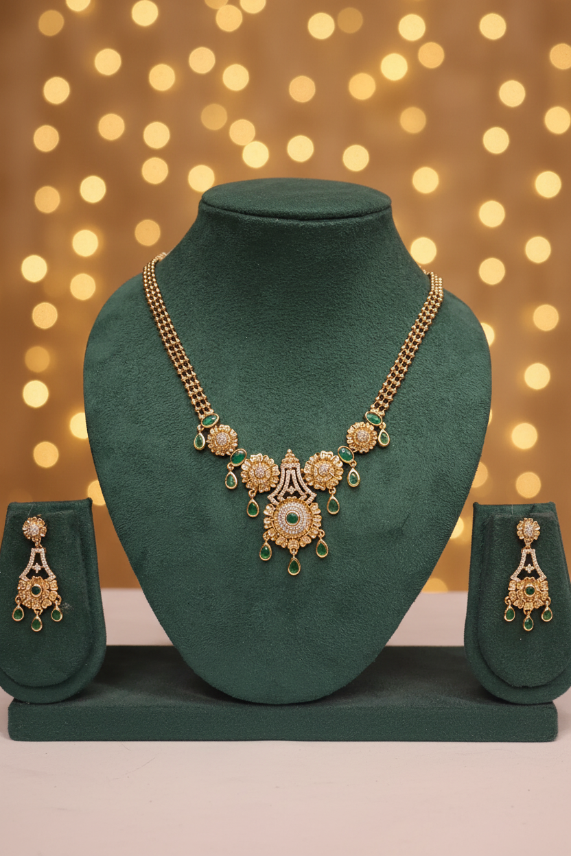 Gold Polki CZ Sunflower Motif Emerald Teardrop Necklace Set with Double Box Chain | OL233