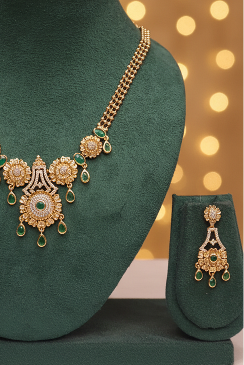 Gold Polki CZ Sunflower Motif Emerald Teardrop Necklace Set with Double Box Chain | OL233