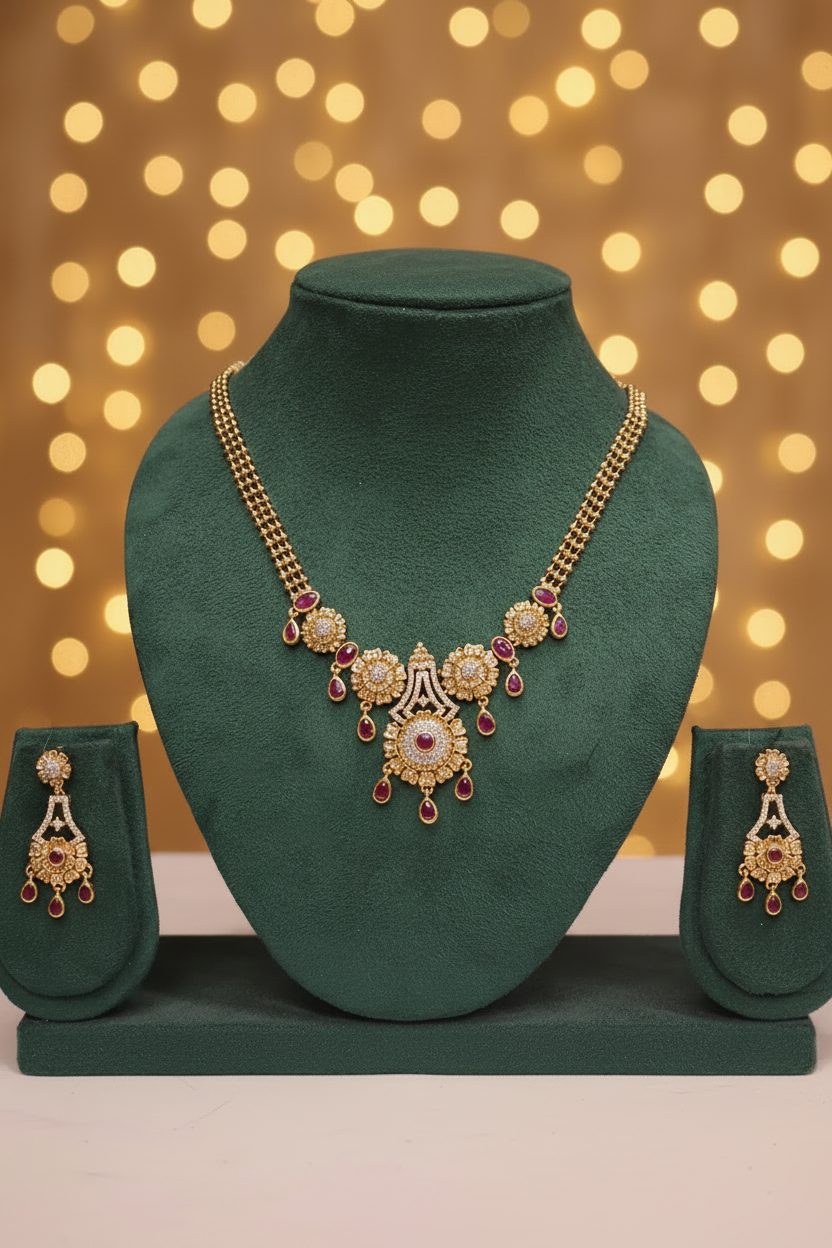 Gold Polki CZ Sunflower Motif Emerald Teardrop Necklace Set with Double Box Chain | OL233