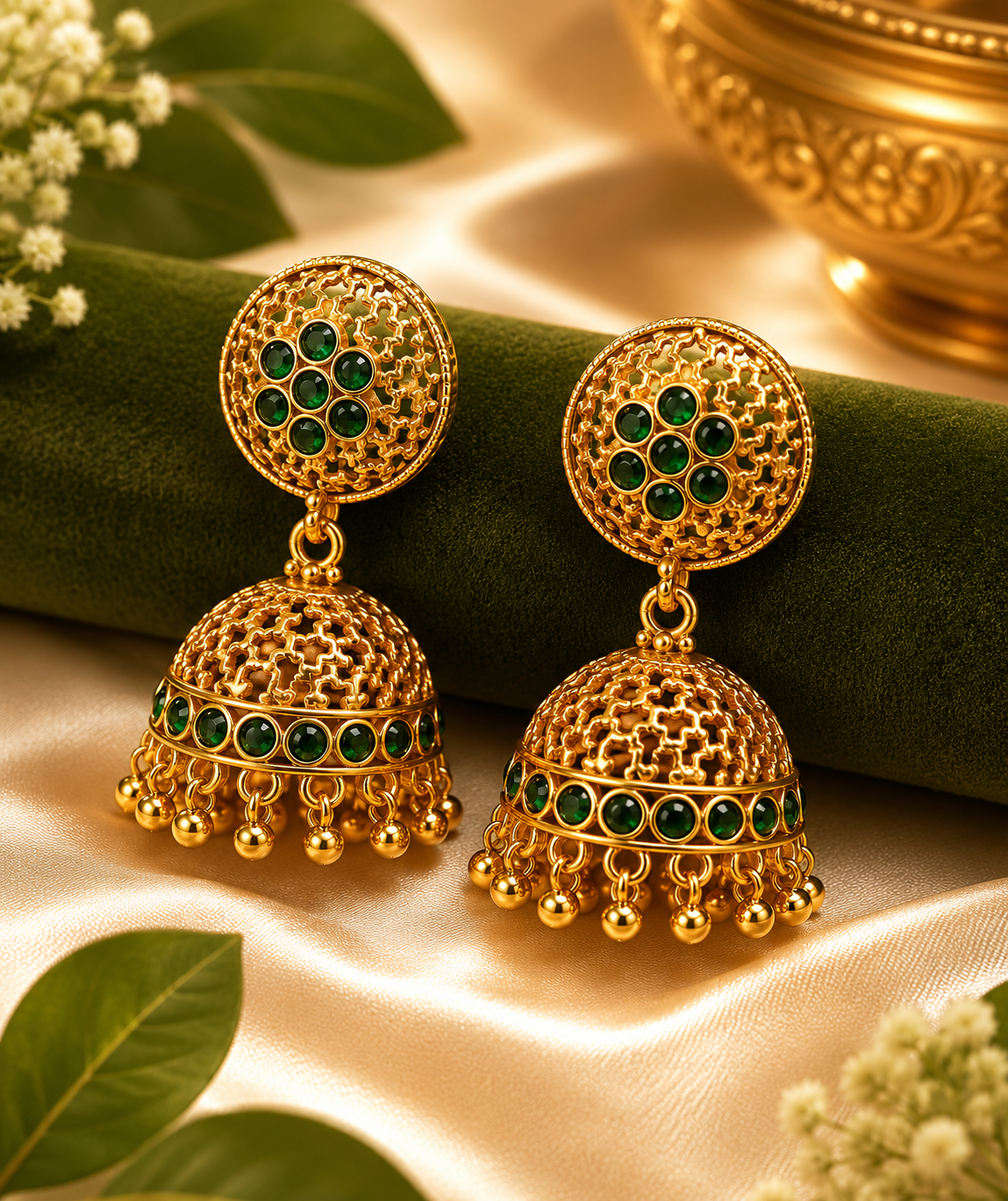 Antique Gold Filigree Lattice Jhumka Earrings with Emerald | OL196