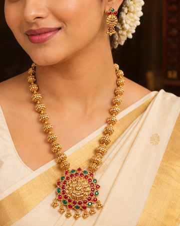Antique Gold Lakshmi Ruby Emerald Pendant Granulated Ball Bead Long Necklace Set | OL167