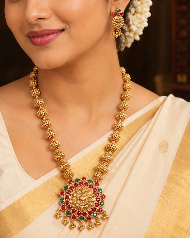 Antique Gold Lakshmi Ruby Emerald Pendant Granulated Ball Bead Long Necklace Set | OL167