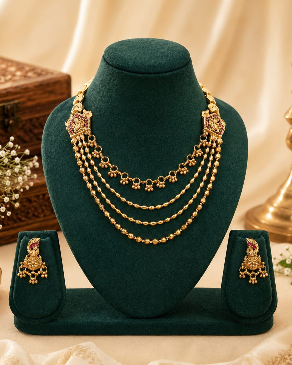 Antique Gold Nakshi Peacock Ruby Kemp Triple-Strand Oval Bead Choker Necklace Set | OL232