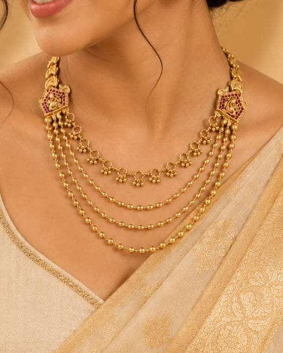 Antique Gold Nakshi Peacock Ruby Kemp Triple-Strand Oval Bead Choker Necklace Set | OL232