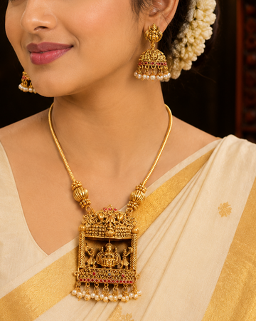 Antique Gold Nakshi Lakshmi Temple Arch Pendant Necklace Set with Pearl Drops | OL108