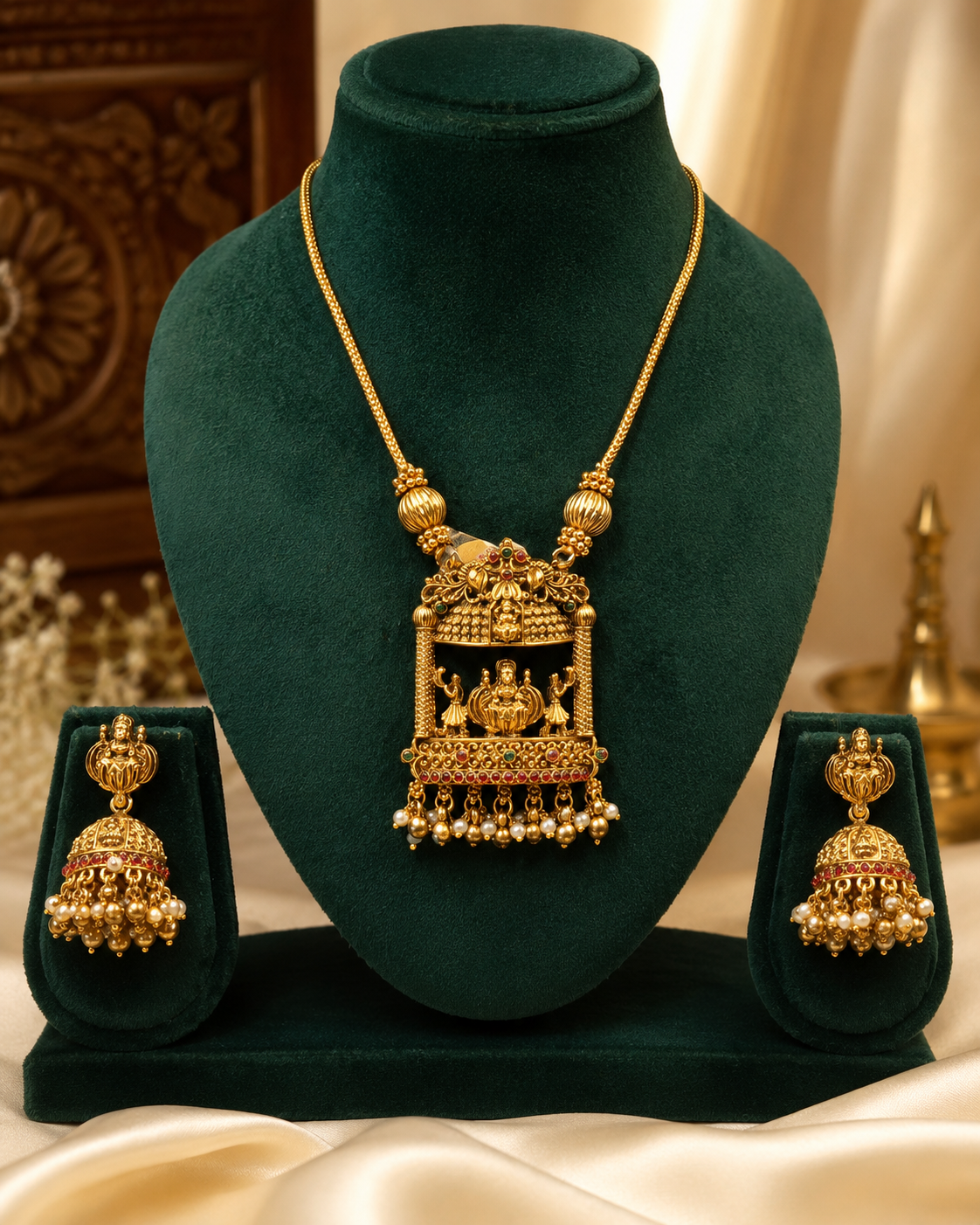 Antique Gold Nakshi Lakshmi Temple Arch Pendant Necklace Set with Pearl Drops | OL108