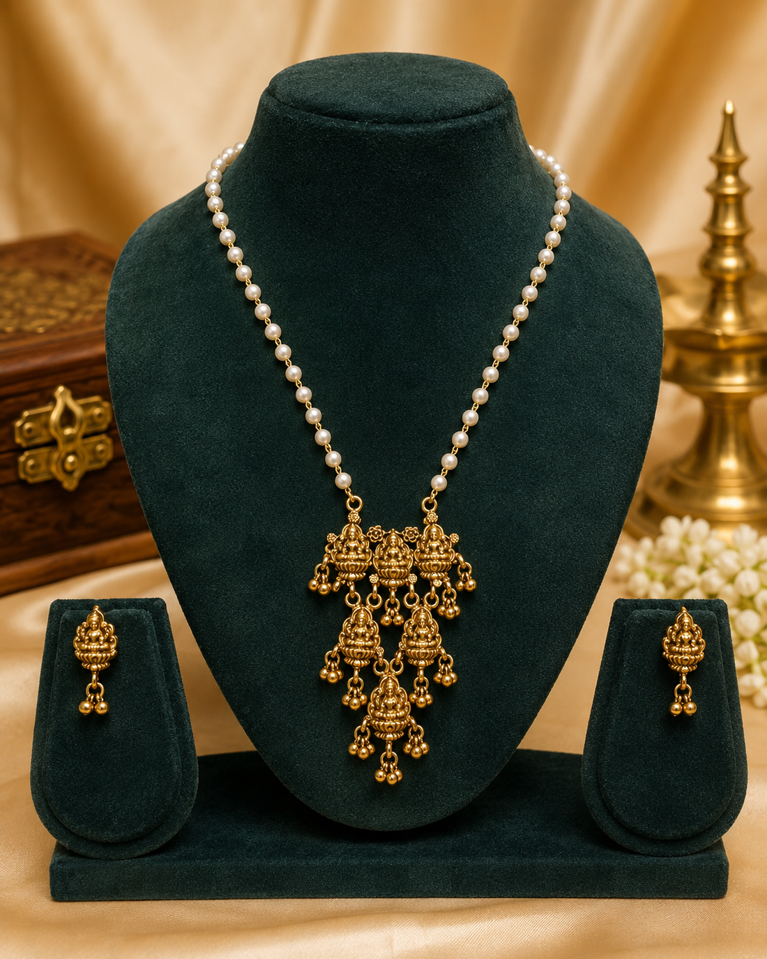 Antique Gold Nakshi Lakshmi Cascading Deity Charm Pearl Chain Necklace Set | OL214