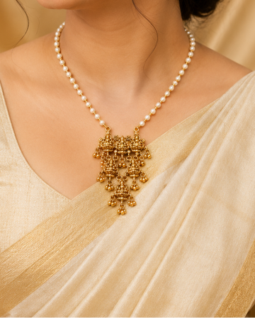 Antique Gold Nakshi Lakshmi Cascading Deity Charm Pearl Chain Necklace Set | OL214