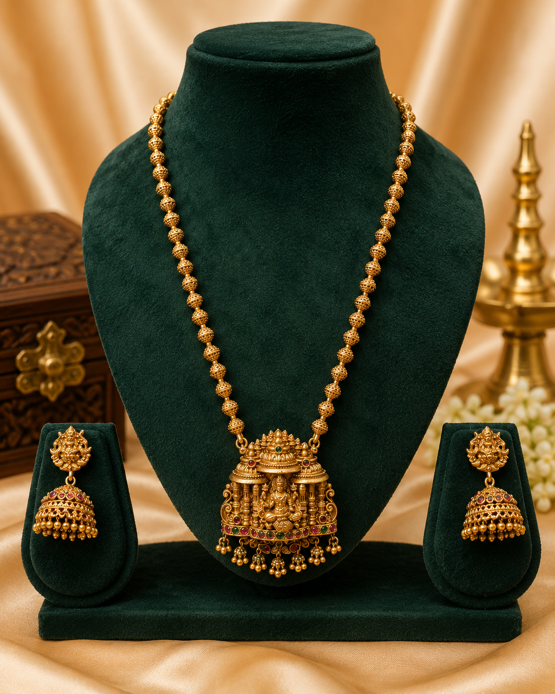 Antique Gold Lakshmi Temple Arch Pendant Granulated Ball Bead Long Necklace Set | OL148