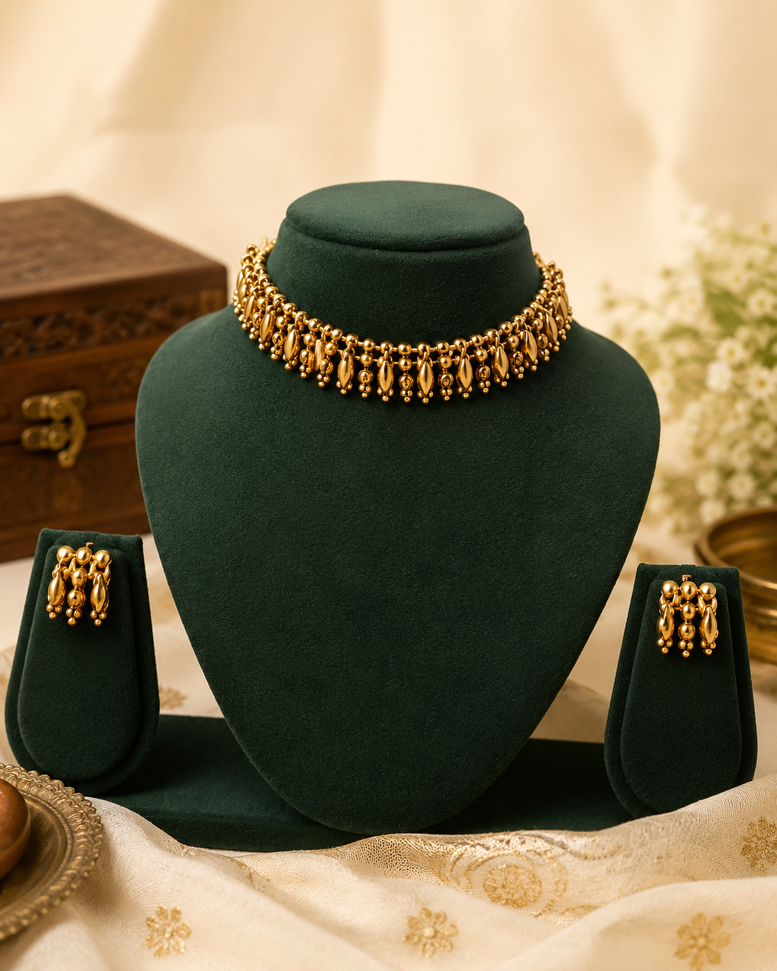 Antique Gold Oval Bead Seed Ball Granulated Fringe Choker Necklace Set | OL149