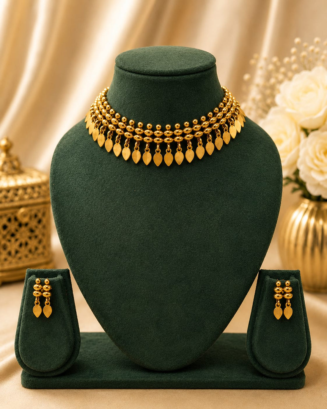 Gold Triple Strand Ball Bead Leaf Drop Choker Necklace Set | OL116