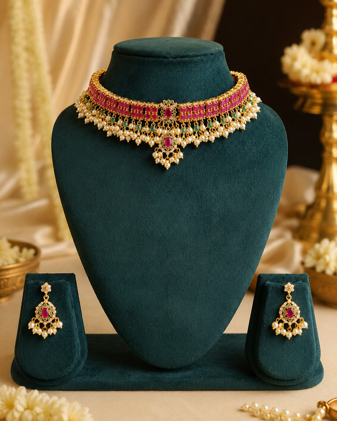 Gold Ruby Emerald Rectangle CZ Pave Choker Necklace Set with Pearl Drops | OG16